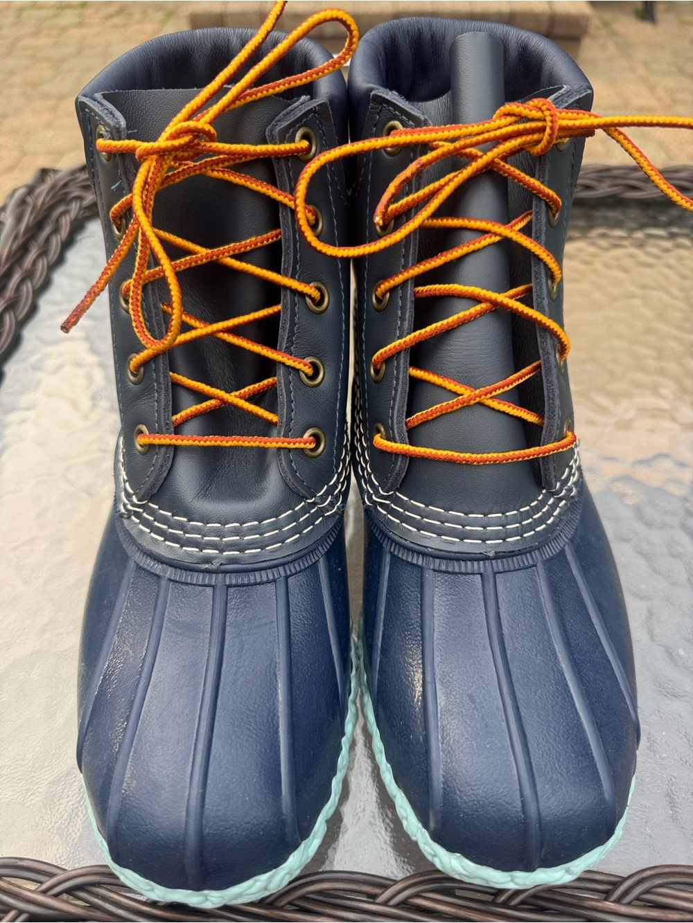 Women’s size 6 Navy Duck Boots with Orange Laces- rare blue soles!